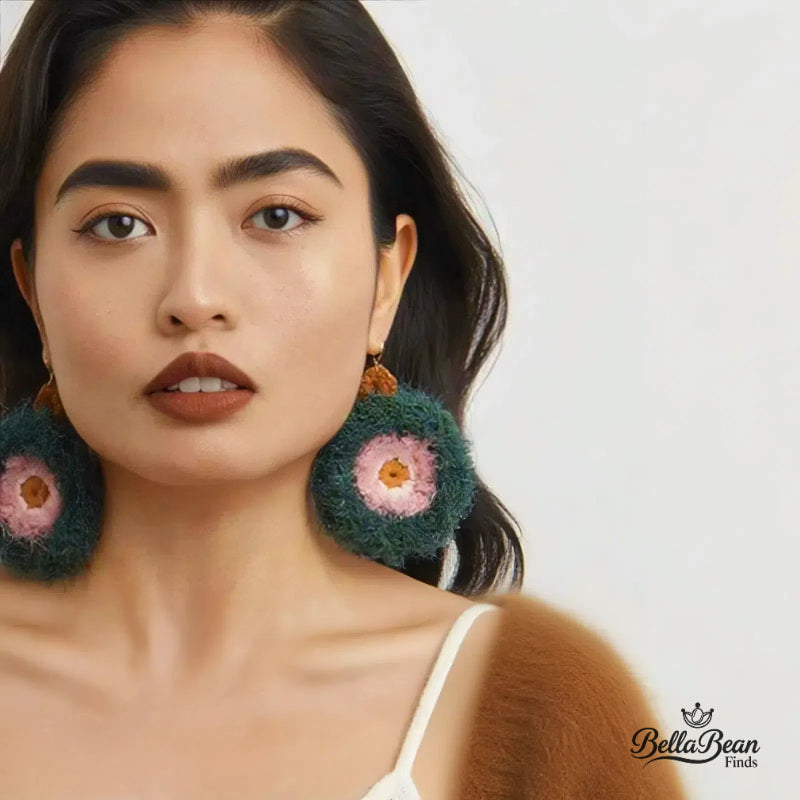Eco-Dyed Vegan Chunky Hoops: Hand-Crochet Circle Earrings with Silver Hook