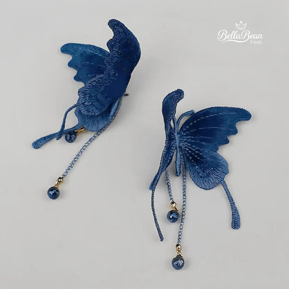 Handmade Blue Butterfly Earrings | Bohemian Fabric Embroidery
