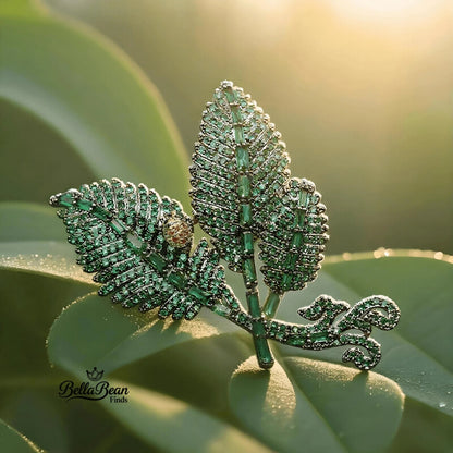 The Enchanted Leaf Brooch - Vintage Green Zirconia & Ladybug Blazer Pin