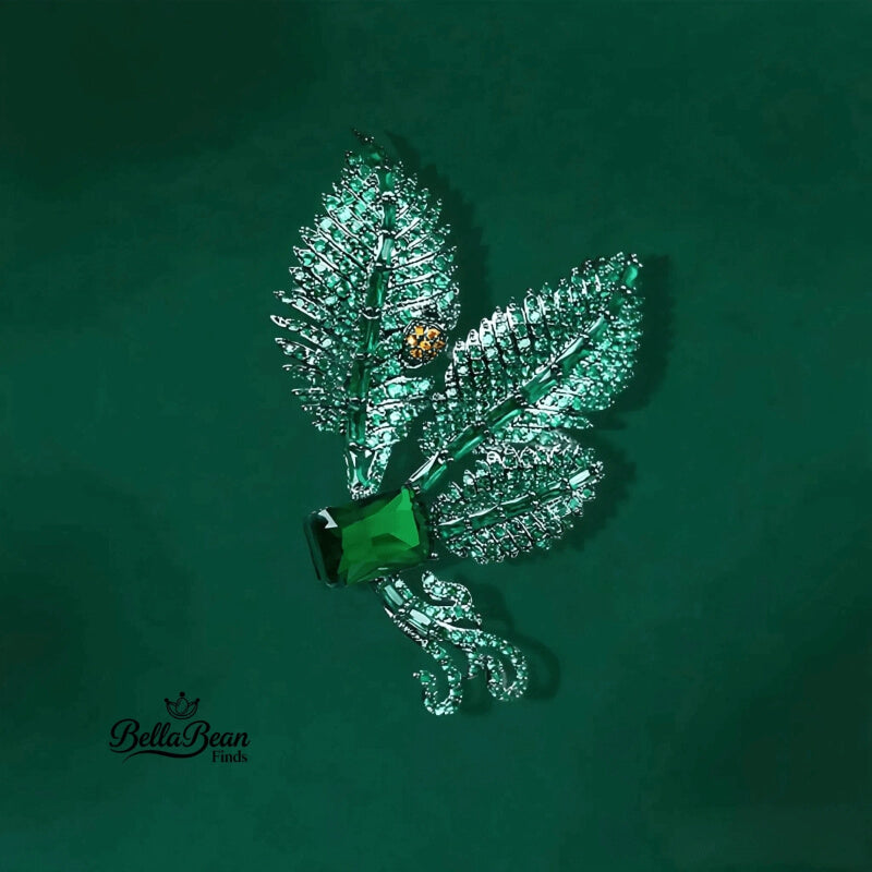 The Enchanted Leaf Brooch - Vintage Green Zirconia & Ladybug Blazer Pin