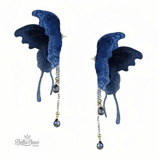 Handmade Blue Butterfly Earrings | Bohemian Fabric Embroidery