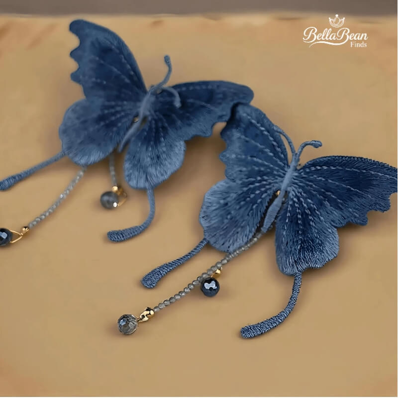 Handmade Blue Butterfly Earrings | Bohemian Fabric Embroidery