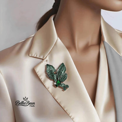 The Enchanted Leaf Brooch - Vintage Green Zirconia & Ladybug Blazer Pin