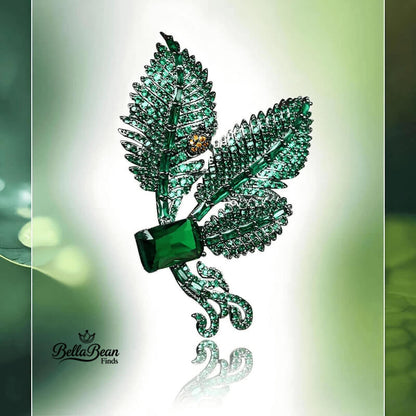 The Enchanted Leaf Brooch - Vintage Green Zirconia & Ladybug Blazer Pin