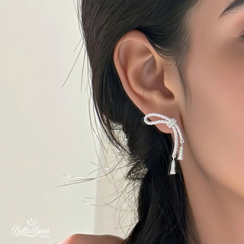The Silver Sway: Fluid Knot & Tassel Earrings in Solid 925 Sterling Silver