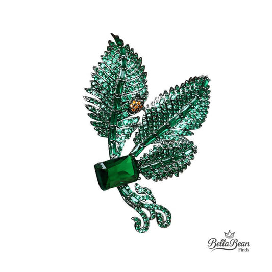 The Enchanted Leaf Brooch - Vintage Green Zirconia & Ladybug Blazer Pin